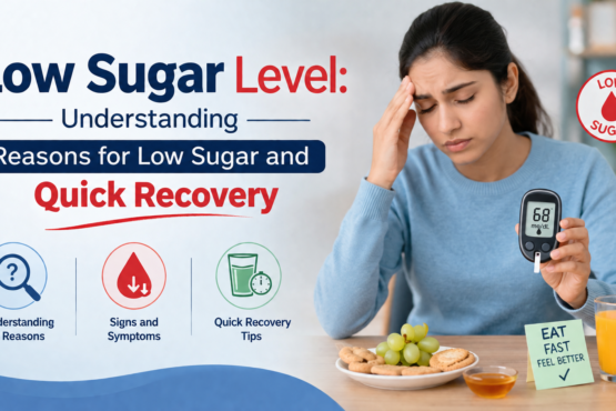 Illustration showing low sugar level symptoms, causes of low blood sugar without diabetes, sudden sugar drop, nighttime hypoglycemia, glucose meter reading 68 mg/dL, and quick recovery foods like juice, grapes, and biscuits.
