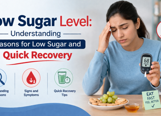 Illustration showing low sugar level symptoms, causes of low blood sugar without diabetes, sudden sugar drop, nighttime hypoglycemia, glucose meter reading 68 mg/dL, and quick recovery foods like juice, grapes, and biscuits.