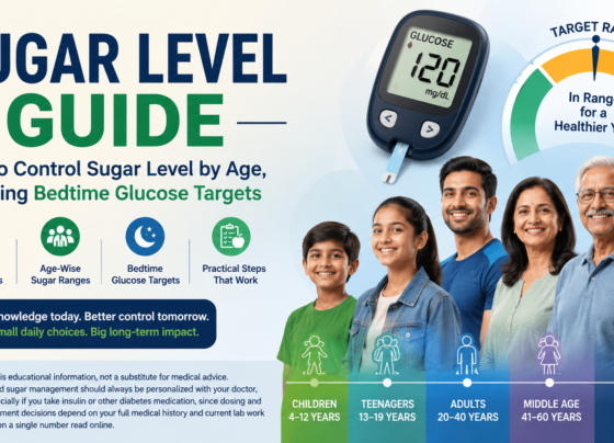 Sugar Level Guide infographic showing blood glucose meter, age-wise blood sugar targets, bedtime glucose levels, and practical diabetes management tips for children, adults, and seniors.