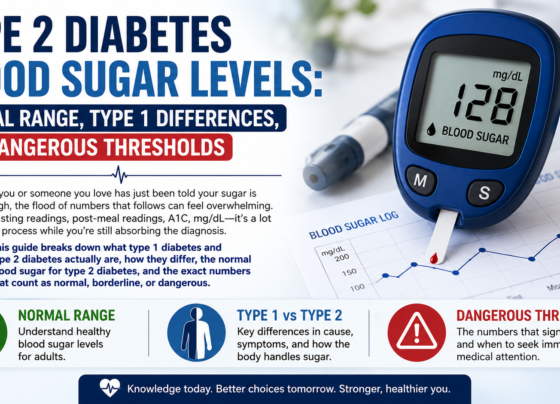 Type 2 diabetes blood sugar levels infographic showing normal blood sugar range, Type 1 vs Type 2 diabetes differences, blood glucose meter, A1C testing, and dangerous blood sugar thresholds in mg/dL.