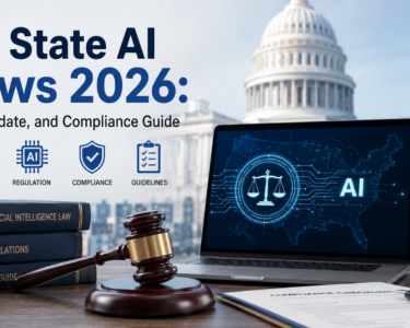 US State AI Laws 2026 compliance guide illustration featuring the US Capitol, AI-powered laptop, legal gavel, law books, and compliance checklist representing US state AI laws 2026, AI regulation, governance, and legal compliance.