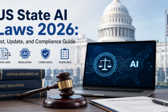 US State AI Laws 2026 compliance guide illustration featuring the US Capitol, AI-powered laptop, legal gavel, law books, and compliance checklist representing US state AI laws 2026, AI regulation, governance, and legal compliance.