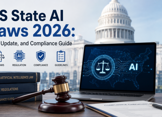 US State AI Laws 2026 compliance guide illustration featuring the US Capitol, AI-powered laptop, legal gavel, law books, and compliance checklist representing US state AI laws 2026, AI regulation, governance, and legal compliance.