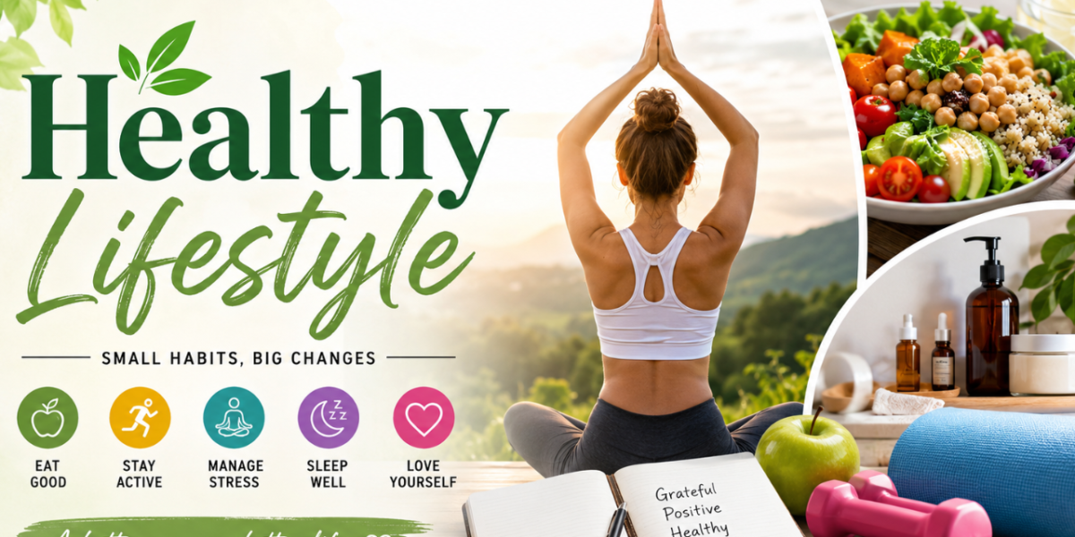 Healthy lifestyle with yoga, healthy food, fitness, skincare, and wellness