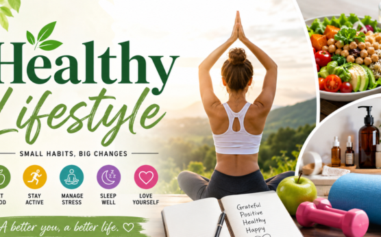 Healthy lifestyle with yoga, healthy food, fitness, skincare, and wellness
