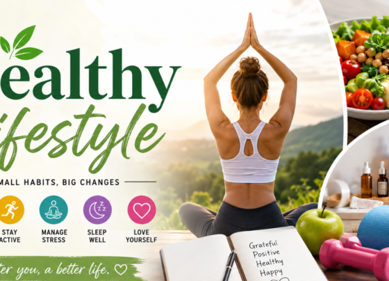 Healthy lifestyle with yoga, healthy food, fitness, skincare, and wellness