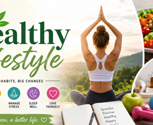 Healthy lifestyle with yoga, healthy food, fitness, skincare, and wellness