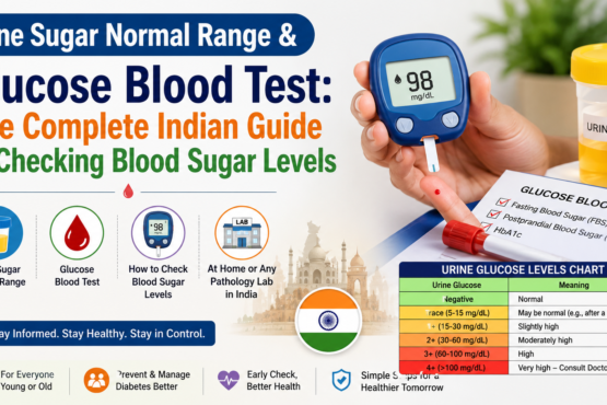 Urine sugar normal range and glucose blood test infographic showing a glucometer, urine sample container, blood sugar testing process, urine glucose levels chart, fasting blood sugar (FBS), postprandial blood sugar (PPBS), and HbA1c test guide for diabetes screening in India.