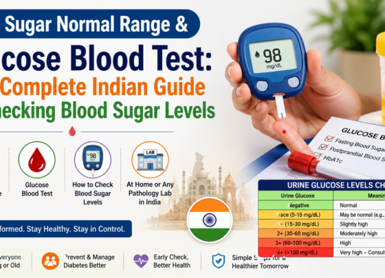 Urine sugar normal range and glucose blood test infographic showing a glucometer, urine sample container, blood sugar testing process, urine glucose levels chart, fasting blood sugar (FBS), postprandial blood sugar (PPBS), and HbA1c test guide for diabetes screening in India.