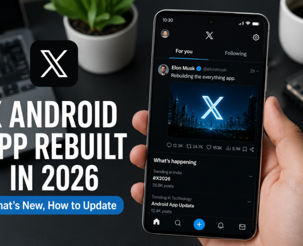 X Android app rebuilt in 2026 displayed on an Android smartphone showing the redesigned interface, new features, improved performance, and update guide for X Android app users.
