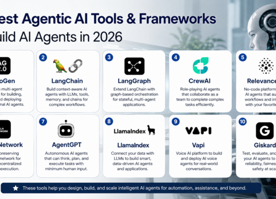 Infographic showing 10 best agentic AI tools and frameworks to build AI agents in 2026, including AutoGen, LangChain, LangGraph, CrewAI, LlamaIndex, Vapi, and Giskard.