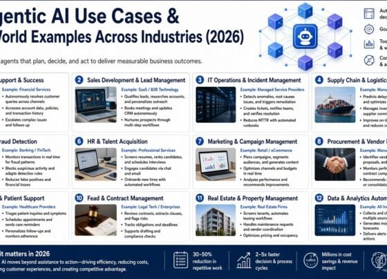12 Agentic AI Use Cases and Real-World Examples Across Industries 2026 Infographic showing autonomous AI agents for customer support, sales, IT operations, supply chain, finance fraud detection, HR, marketing, procurement, healthcare, legal, real estate and data analytics
