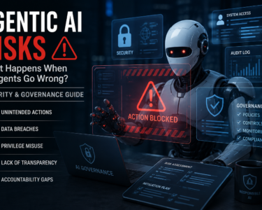 Agentic AI risks infographic showing AI agent security threats, unintended actions, data breaches, privilege misuse, lack of transparency, and AI governance controls