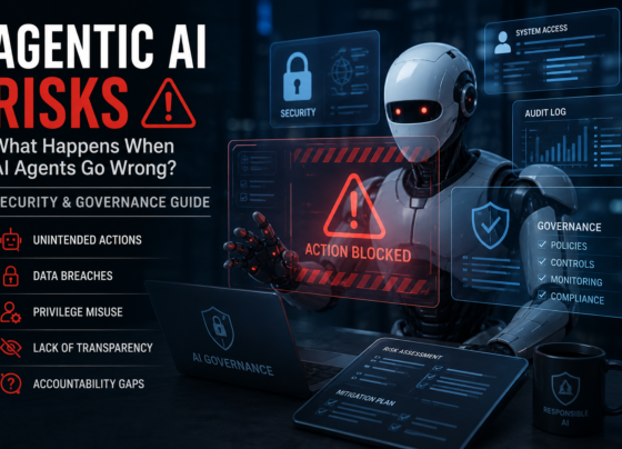 Agentic AI risks infographic showing AI agent security threats, unintended actions, data breaches, privilege misuse, lack of transparency, and AI governance controls