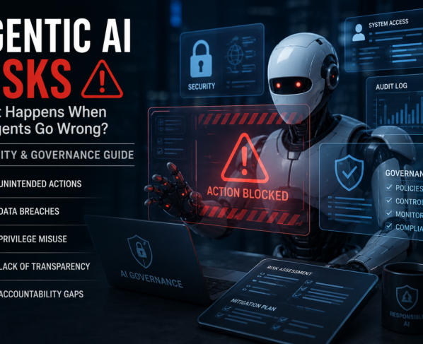 Agentic AI risks infographic showing AI agent security threats, unintended actions, data breaches, privilege misuse, lack of transparency, and AI governance controls