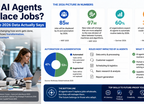 will AI agents replace jobs and future of work infographic showing 2026 job displacement, AI automation, augmented jobs, impacted roles, and skills needed to future-proof careers