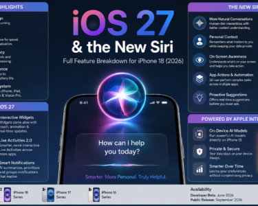 iOS 27 and new Siri feature breakdown for iPhone 18 showing AI-powered Siri, Liquid Glass design, Apple Intelligence, privacy, battery intelligence, interactive widgets, Live Activities 2.0, and supported iPhones