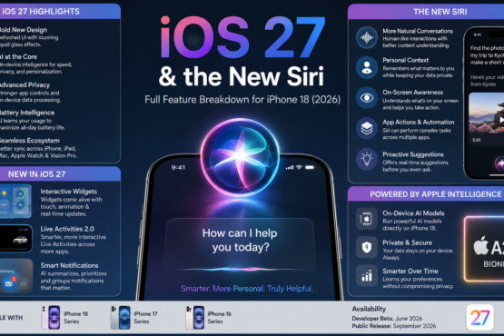 iOS 27 and new Siri feature breakdown for iPhone 18 showing AI-powered Siri, Liquid Glass design, Apple Intelligence, privacy, battery intelligence, interactive widgets, Live Activities 2.0, and supported iPhones