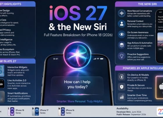 iOS 27 and new Siri feature breakdown for iPhone 18 showing AI-powered Siri, Liquid Glass design, Apple Intelligence, privacy, battery intelligence, interactive widgets, Live Activities 2.0, and supported iPhones