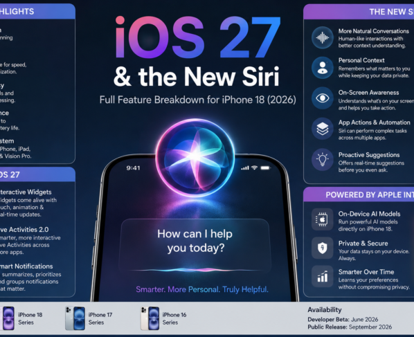 iOS 27 and new Siri feature breakdown for iPhone 18 showing AI-powered Siri, Liquid Glass design, Apple Intelligence, privacy, battery intelligence, interactive widgets, Live Activities 2.0, and supported iPhones