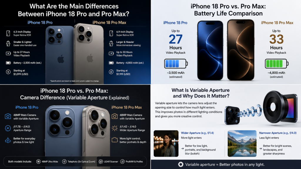 iPhone 18 Pro vs Pro Max comparison showing battery life, camera differences, variable aperture, display size, and key specifications