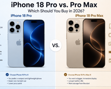 iPhone 18 Pro vs Pro Max comparison showing display size, A20 Pro chip, camera system, battery life, storage options, and buying recommendations for 2026