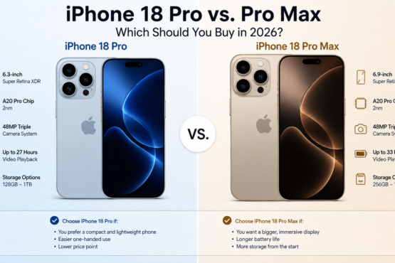 iPhone 18 Pro vs Pro Max comparison showing display size, A20 Pro chip, camera system, battery life, storage options, and buying recommendations for 2026