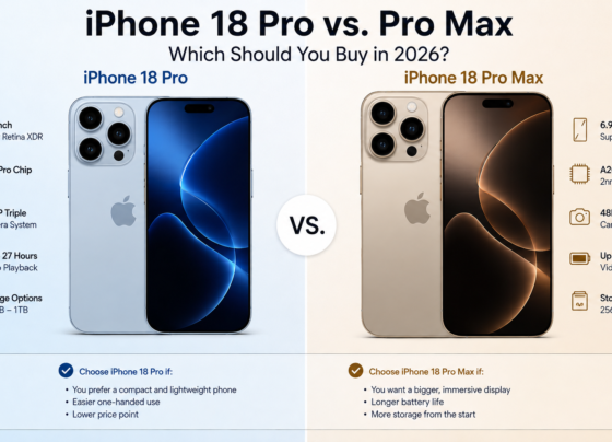 iPhone 18 Pro vs Pro Max comparison showing display size, A20 Pro chip, camera system, battery life, storage options, and buying recommendations for 2026