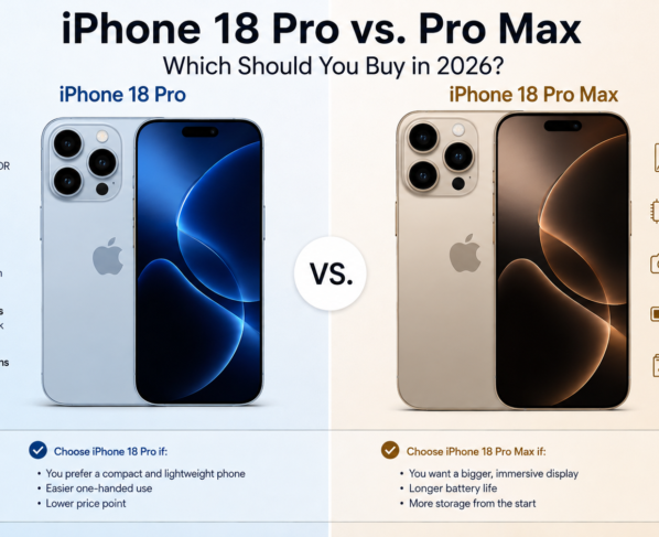iPhone 18 Pro vs Pro Max comparison showing display size, A20 Pro chip, camera system, battery life, storage options, and buying recommendations for 2026