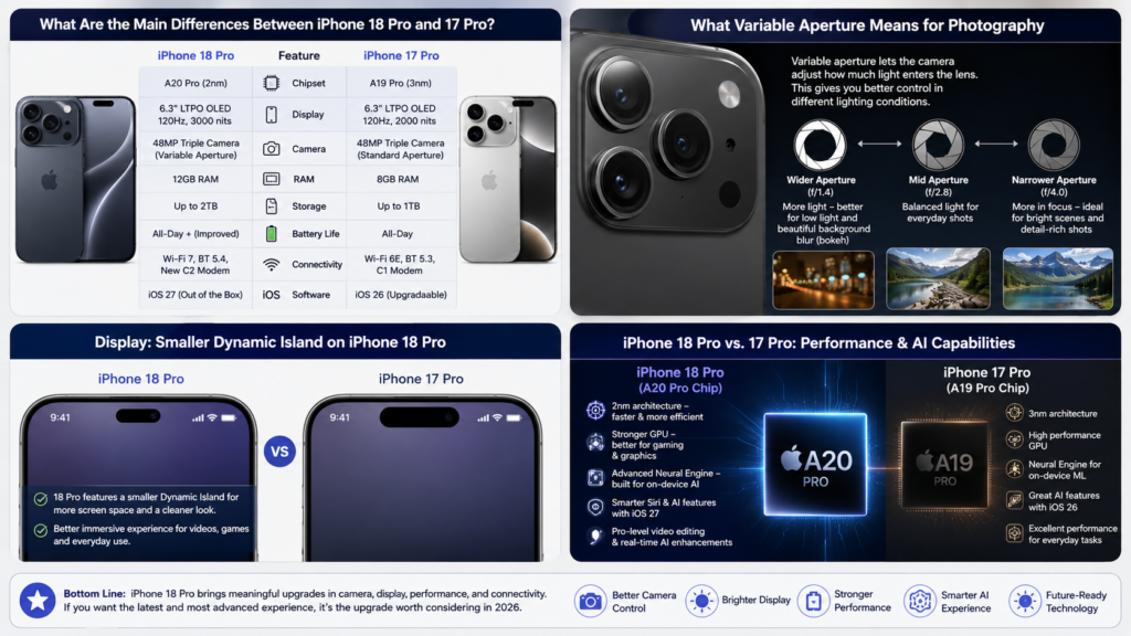 iPhone 18 Pro vs. iPhone 17 Pro comparison showing key differences in camera, variable aperture, Dynamic Island, performance, AI, display, RAM, storage, and connectivity