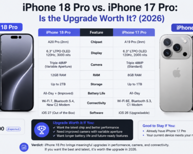 iPhone 18 Pro vs. iPhone 17 Pro comparison showing differences in chipset, display, camera, RAM, storage, battery life, connectivity, and iOS features
