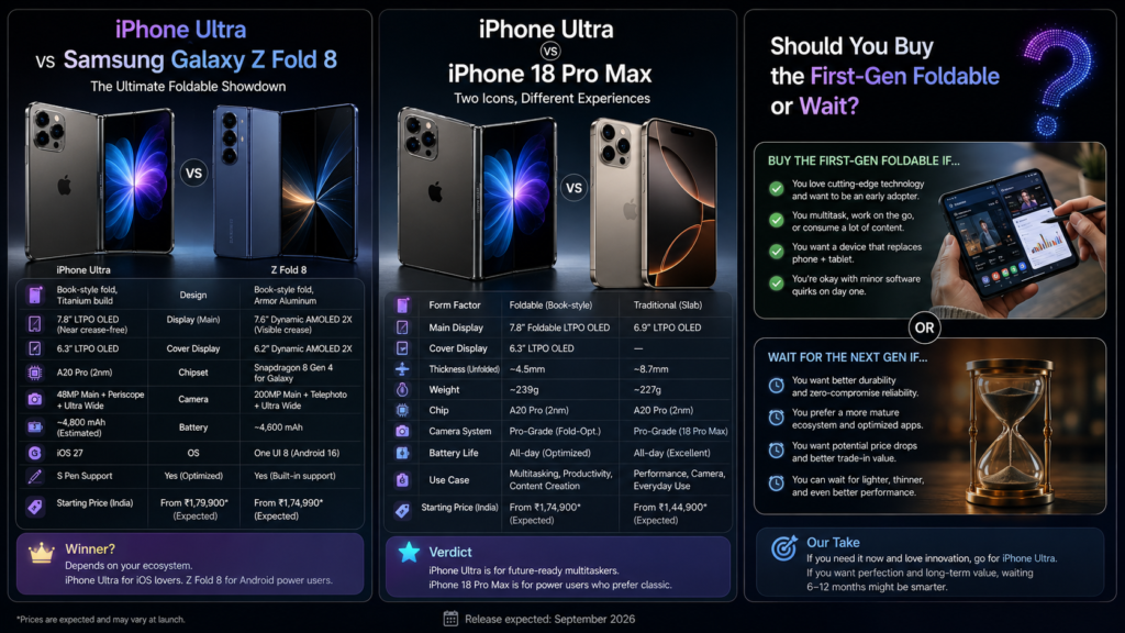 iPhone Ultra vs Samsung Galaxy Z Fold 8 and iPhone 18 Pro Max comparison with first-generation foldable buying guide