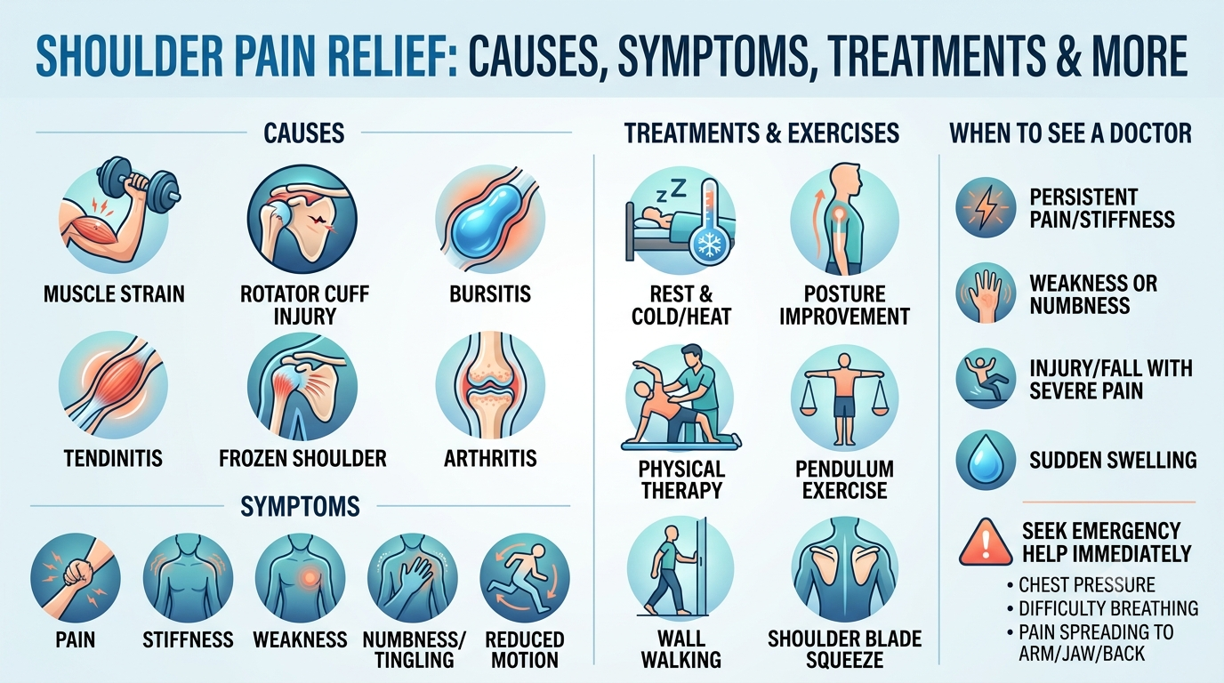 Shoulder Pain Relief: Causes, Symptoms, Treatments, Exercises and When to See a Doctor