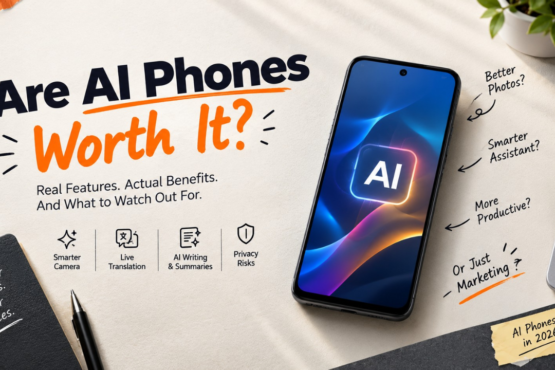 AI phone in 2026 showing AI-powered smartphone features including smarter camera, live translation, AI writing, privacy, and battery optimization