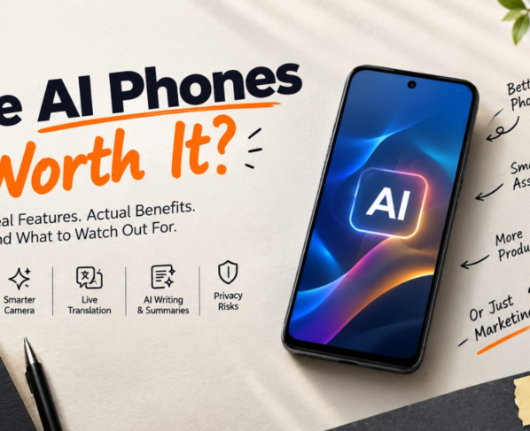 AI phone in 2026 showing AI-powered smartphone features including smarter camera, live translation, AI writing, privacy, and battery optimization